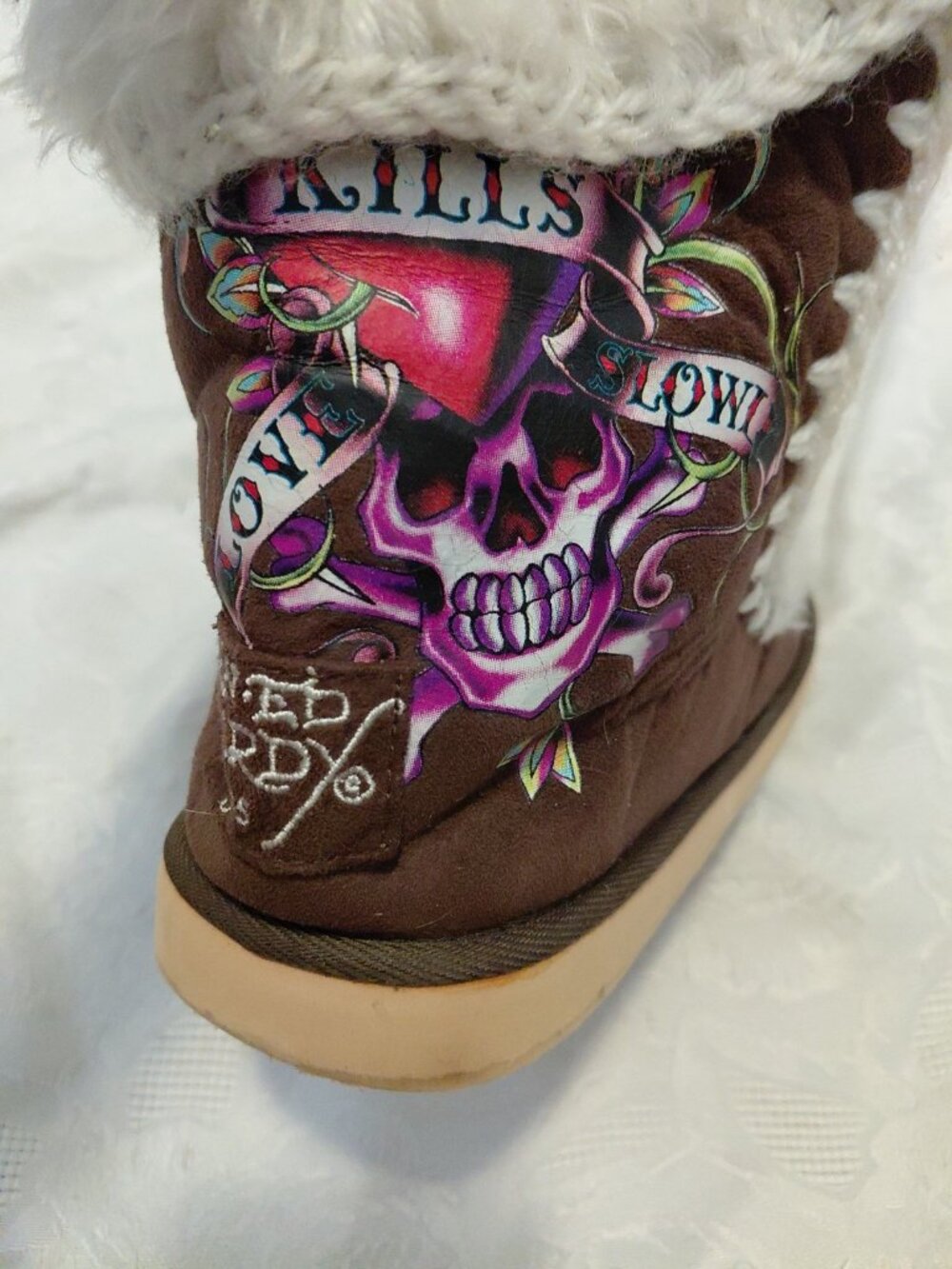 Ed Hardy Vintage Y2K Moccasin Boots Faux Suede Faux Fur Brown White Womens Size - Picture 5 of 10